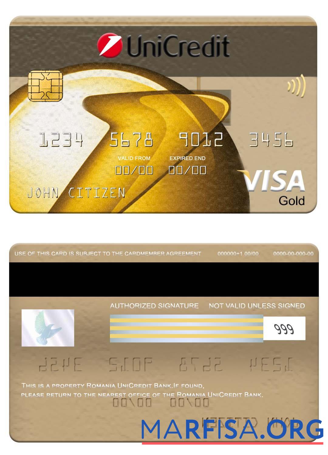 Downloadable Romania UniCredit Bank visa gold card sample